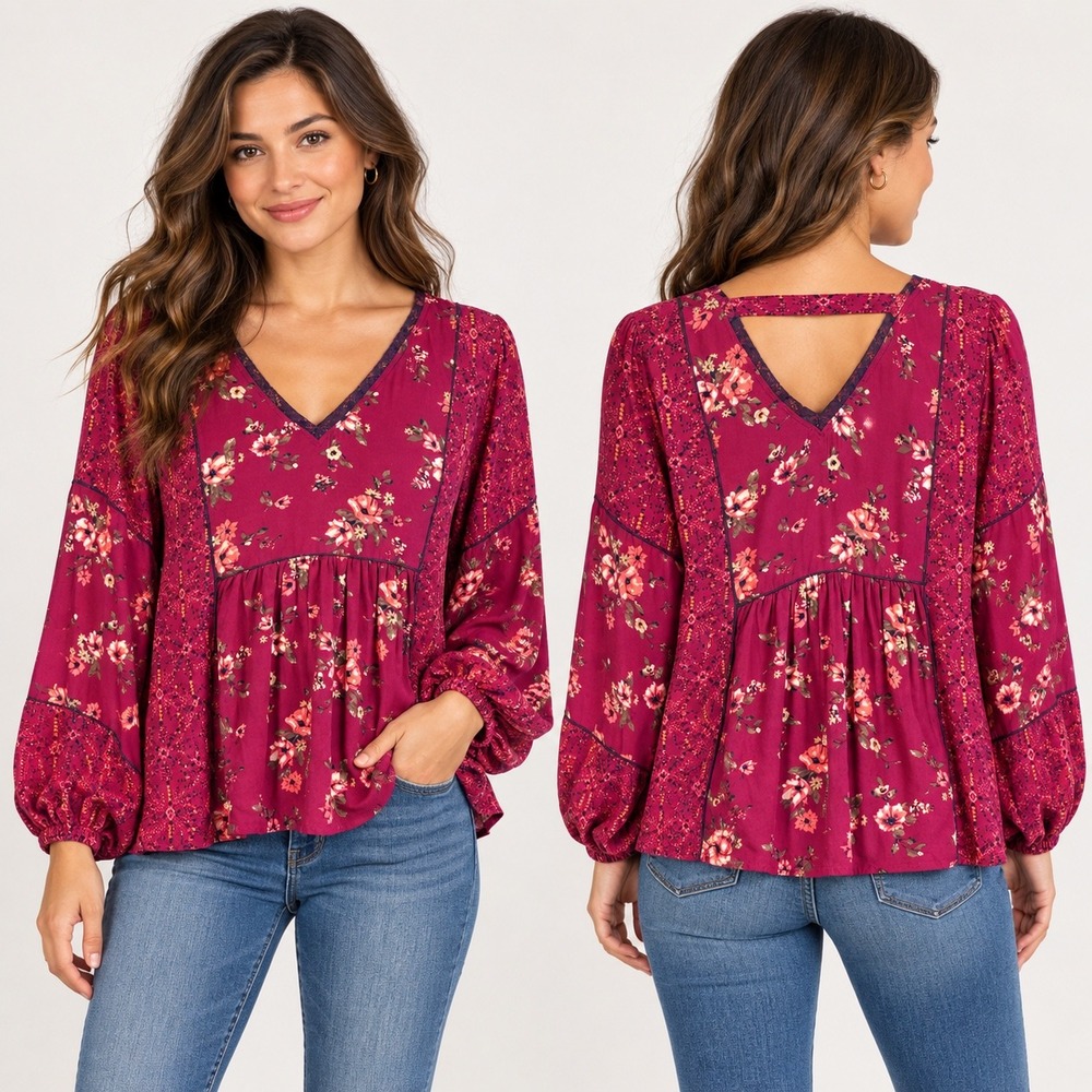 Maurices Medium Cabernet Red Floral Boho Peplum Top V-Neck Burgundy